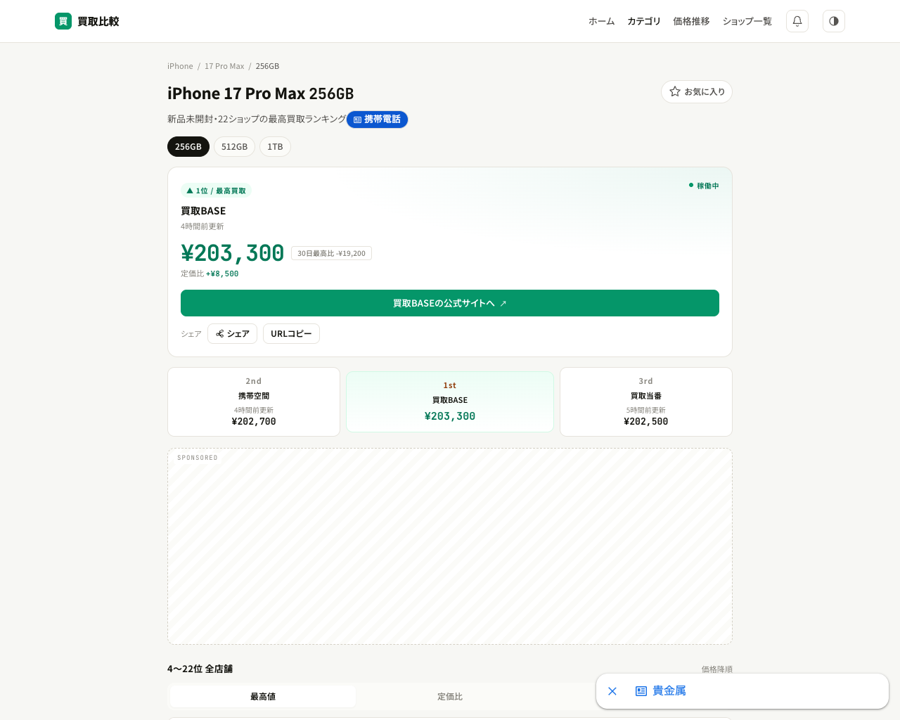 iPhone 17 Pro Max 256GBの買取価格を全ショップで比較した画面(1位・2位・3位ハイライト)
