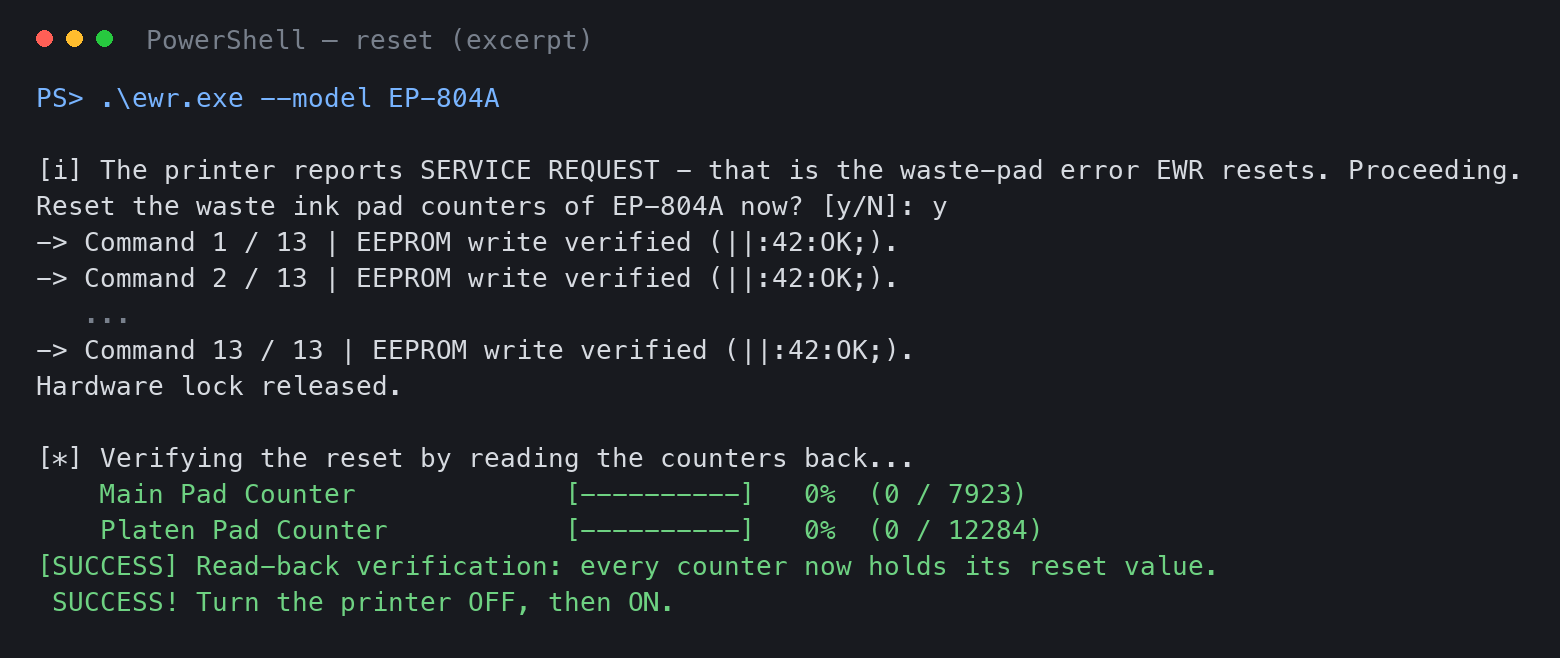 EWRでリセットを実行し、13個の書き込みが成功した画面