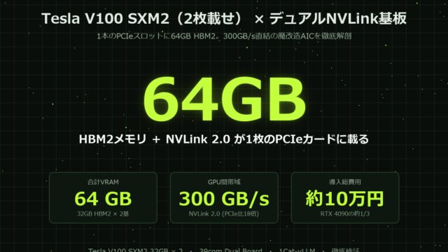 【徹底検証】Tesla V100 SXM2を2枚載せる「デュアルNVLink基板」の正体：約10万円でVRAM 64GB・300GB/s環境は実用になるか？