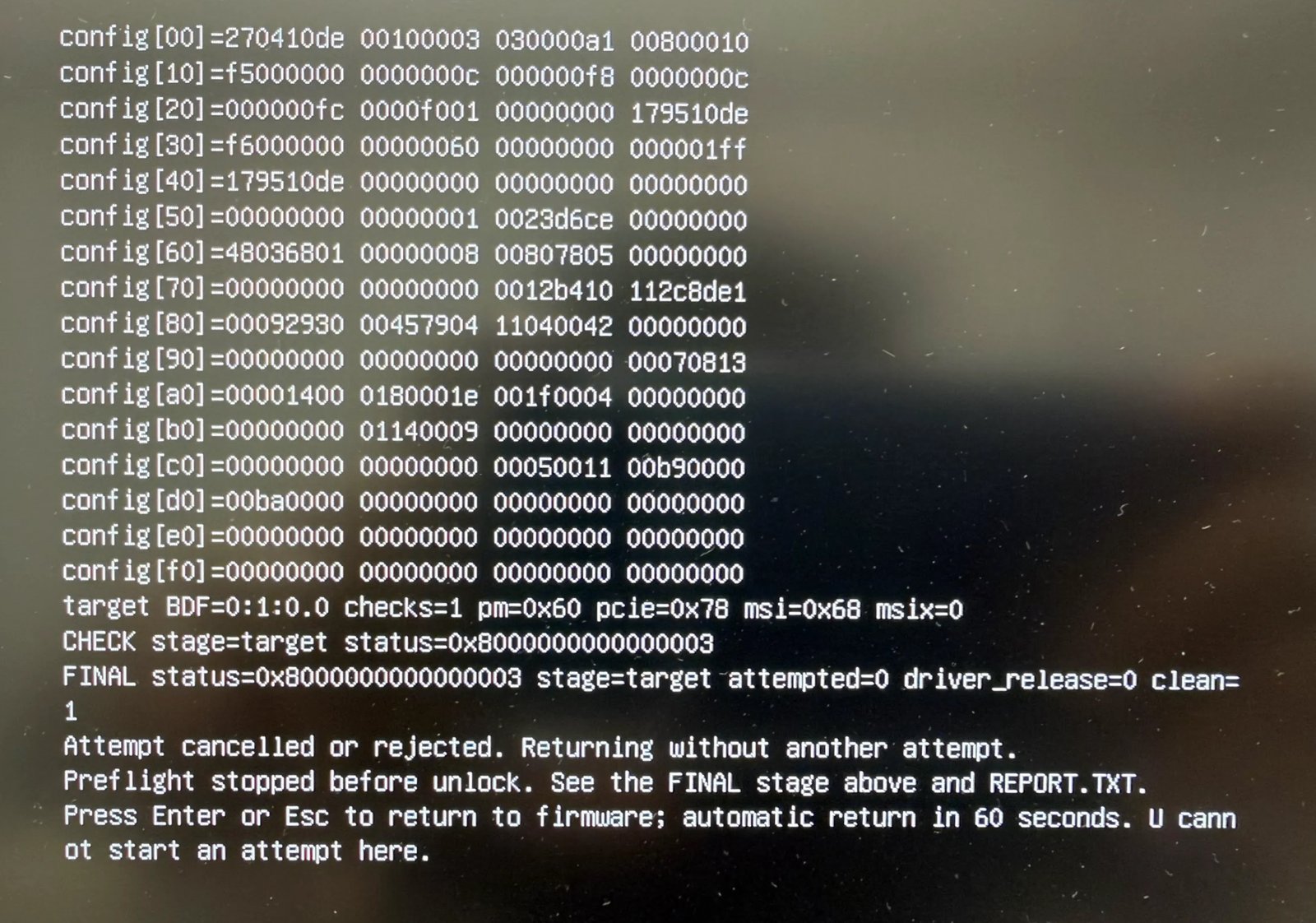 配布版EFIのドライラン画面。PCIコンフィグのBAR0がf5000000で、stage=targetのチェックで停止